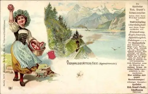Litho Flüelen Kanton Uri Schweiz, Axenstraße, Vierwaldstättersee, Volkstracht