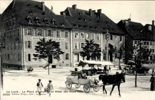 Ak Le Locle Kt Neuenburg, Marktplatz, Hotel des Trois Rois