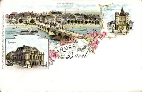 Litho Basel Bâle Stadt Schweiz, Klein-Basel, Brücke, Theater, Spalentor