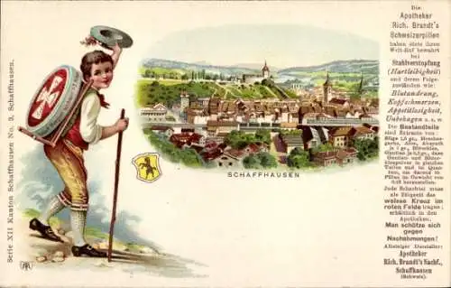 Litho Schaffhausen am Rhein Schweiz, Gesamtansicht, Volkstracht