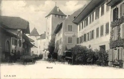 Ak Morat Murten Kanton Freiburg, Hauptstraße, Turm, Hotel, Brasserie