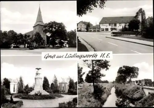 Ak Lüdingworth Cuxhaven in Niedersachsen, Kirche, Denkmal, Fluss, Hotel Norddeutscher Hof