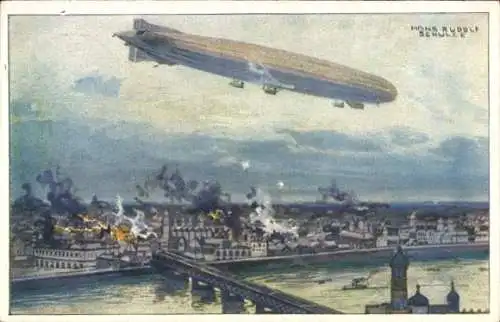 Künstler Ak Schulze, Hans Rudolf, Zeppelin, Luftschiff Schütte Lanz, Warschau bombardierend, I. WK