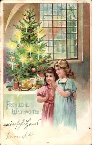 Litho Glückwunsch Weihnachten, Kinder, Tannenbaum, Geschenke
