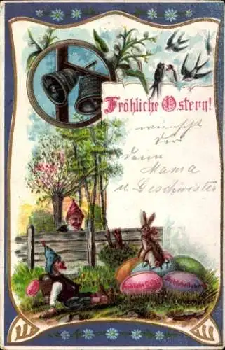 Präge Litho Glückwunsch Ostern, Glocken, Zwerge, Ostereier, Schwalben, Osterhase