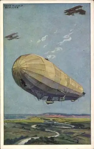 Künstler Ak Schulze, Hans Rudolf, Zeppelin Luftschiff Hansa im Kampf mit feindl. Fliegern, I WK