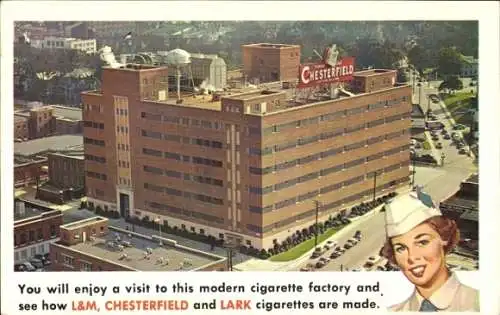 Ak Durham North Carolina USA, Zigarettenfabrik, L&M, Chesterfield, Lark, Reklame