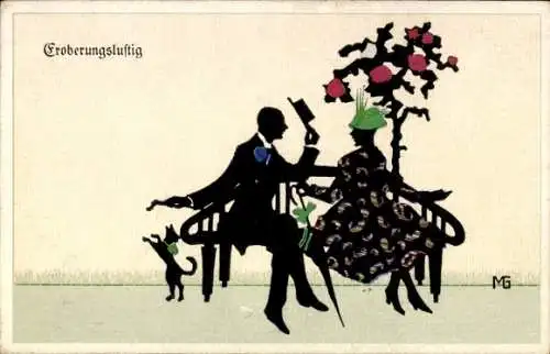 Scherenschnitt Ak Graf, Marte, Fasto Silhouetten, Liebespaar, Rosenstrauß, Sitzbank