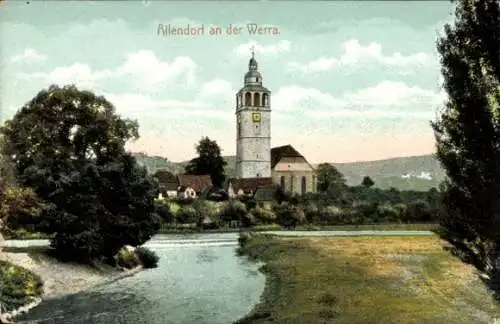 Ak Allendorf an der Werra Hessen, Kirchturm, Fluss