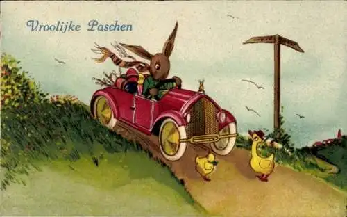 Ak Glückwunsch Osterne, Osterhase mit Eiern im Automobil, Küken