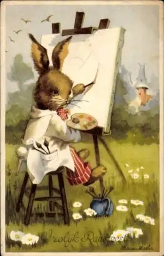 Ak Glückwunsch Ostern, Vermenschlichter Hase als Maler an der Staffelei