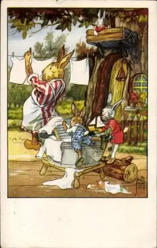 Künstler Ak Vermenschlichte Hasen waschen Wäsche