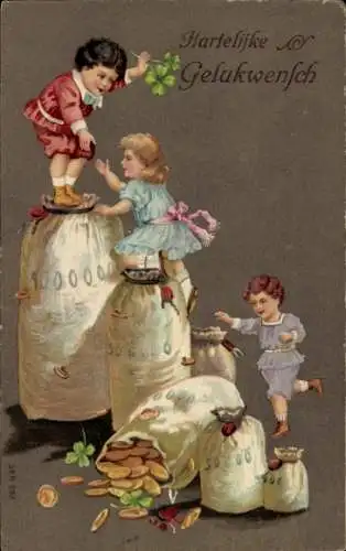 Präge Ak Glückwunsch Neujahr, Kinder klettern auf Geldsäcken, Klee