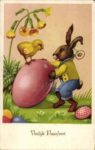 Ak Glückwunsch Ostern, Vermenschlichter Hase, Eier, Küken