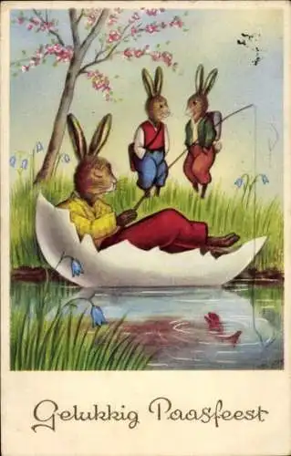 Ak Glückwunsch Ostern, Vermenschlichter Hase beim Angeln in einer Eierschale