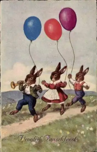 Ak Glückwunsch Ostern, Osterhasen, Ballon, Trompete