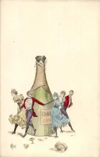 Ak Männer und Frauen tanzen um eine große Champagnerflasche