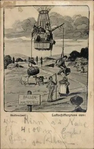 Ak Ballon-Haltestelle, Stoffwechsel, Gefangener Mann, Angel, Fass, Kühe