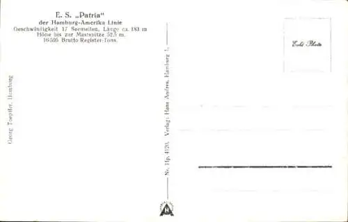Ak Dampfer Patria, HAPAG
