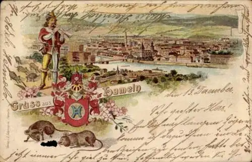 Wappen Litho Hameln an der Weser Niedersachsen, Gesamtansicht, Rattenfänger von Hameln