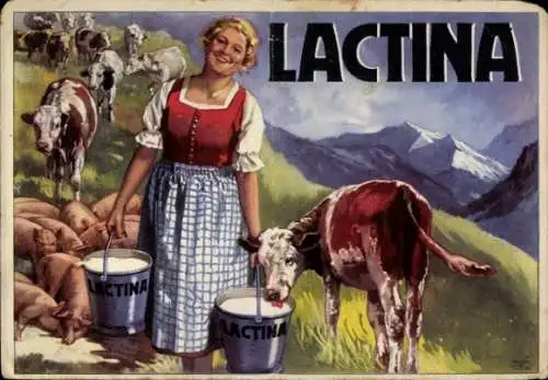 Ak Werbung Milchersatz Lactina, Bäuerin, Kühe, Schweine
