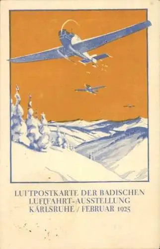 Künstler Ak Badische Luftfahrt-Ausstellung Karlsruhe 1925, Flugzeuge, Luftpostkarte