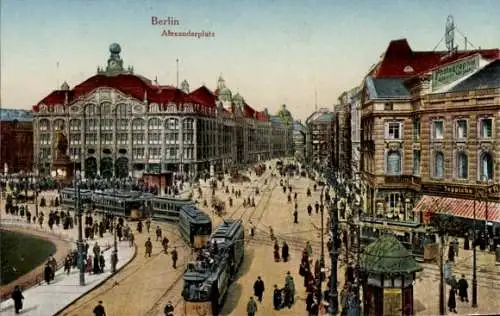 Ak Berlin Mitte, Alexanderplatz, Straßenbahnverkehr, Geschäfte
