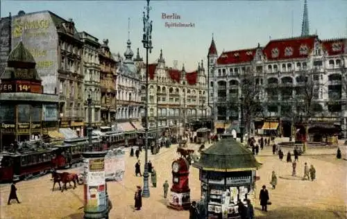 Ak Berlin Mitte, Spittelmarkt, Zeitungskiosk, Litfaßsäule, Sinalco Reklame, Straßenbahn