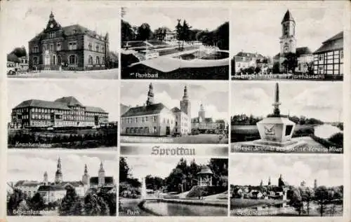 Ak Szprotawa Sprottau Schlesien, Post, Parkbad, Krankenhaus, Kriegerdenkmal, Rathaus