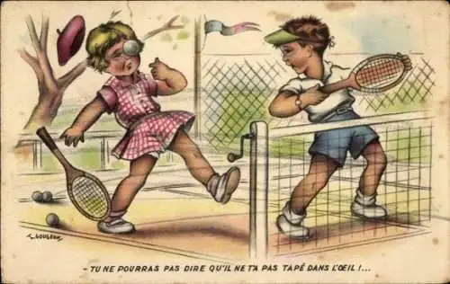 Künstler Ak Gougeon, I., Kinder spielen Tennis, Mädchen mit Tennisball am Gesicht