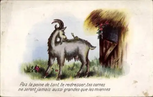 Künstler Ak Ziege und Schnecke, Rosen