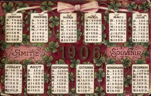 Ak Glückwunsch Neujahr 1906, Kalender, Schleife, Glücksklee