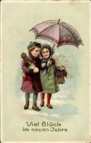 Ak Glückwunsch Neujahr, Kinder unter einem Schirm, Sektflasche