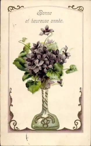 Präge Ak Glückwunsch Neujahr, Blumenvase, Veilchen