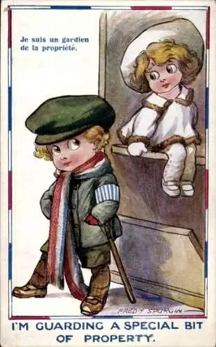 Künstler Ak Spurgin, F., Kinder, Mädchen in weißem Mantel, Junge mit Schal, Gehstock