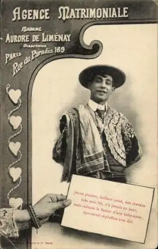 Ak Werbung, Partnervermittlung Madame Aurore de Limenay, Paris, Junger Mann in Tracht