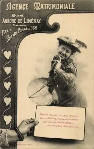 Ak Werbung, Partnervermittlung Madame Aurore de Limenay, Paris, Junge Frau, Hut