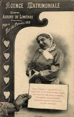 Ak Werbung, Partnervermittlung Madame Aurore de Limenay, Paris