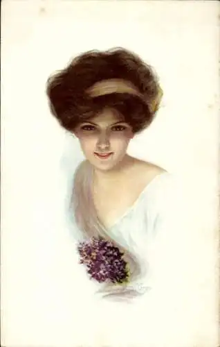 Künstler Ak Geyer, Frau-Portrait, Blumen, Braune Haare