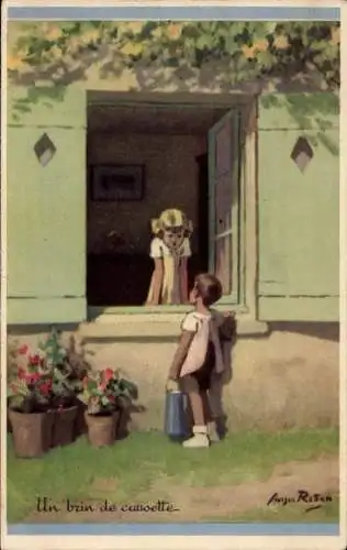 Künstler Ak Redan, Kinder, Gespräch, Mädchen am Fenster, Blumen