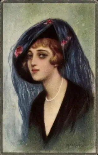 Künstler Ak Junge Frau, Portrait, Perlen, Hut