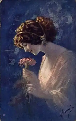 Künstler Ak Junge Frau riecht eine Blume, Portrait