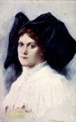 Künstler Ak Hornecker, L., Portrait einer rothaarigen Frau in Elsässer Tracht, Flügelhaube