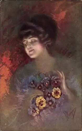 Künstler Ak Junge Frau, Portrait, Stiefmütterchen