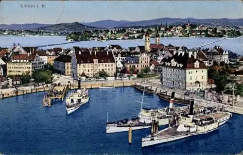 Ak Lindau am Bodensee Schwaben, Teilansicht, Dampfschiffe, Hafen