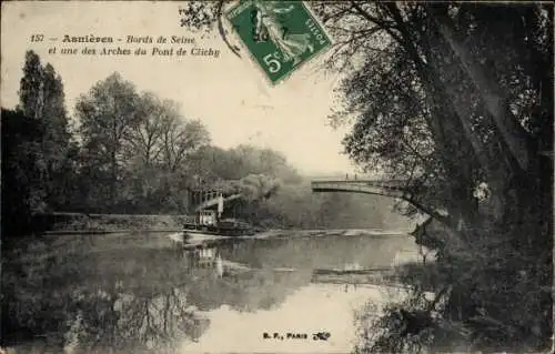 Ak Asnières sur Seine Hauts-de-Seine, Ufer der Seine, Clichy-Brücke