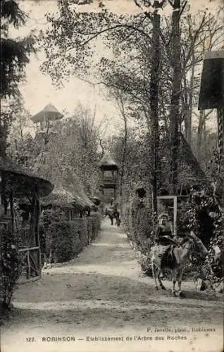 Ak Robinson Hauts de Seine, Etablissement de l'Arbre des Roches, Frau auf Esel