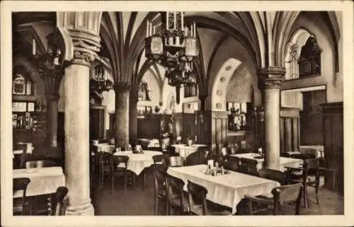 Ak Augsburg in Schwaben, Restaurant Sankt Leonhardskapelle, Innenansicht, Säulen, Tische