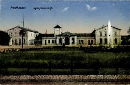 Ak Nordhausen am Harz, Hauptbahnhof, Springbrunnen