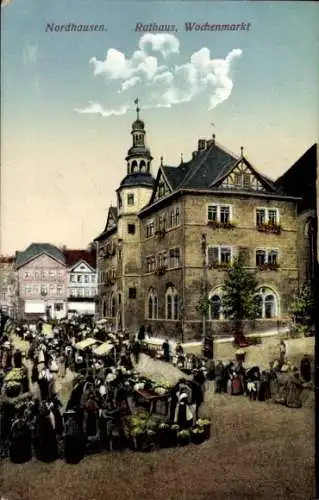 Ak Nordhausen Thüringen, Rathaus und Wochenmarkt, Besucher